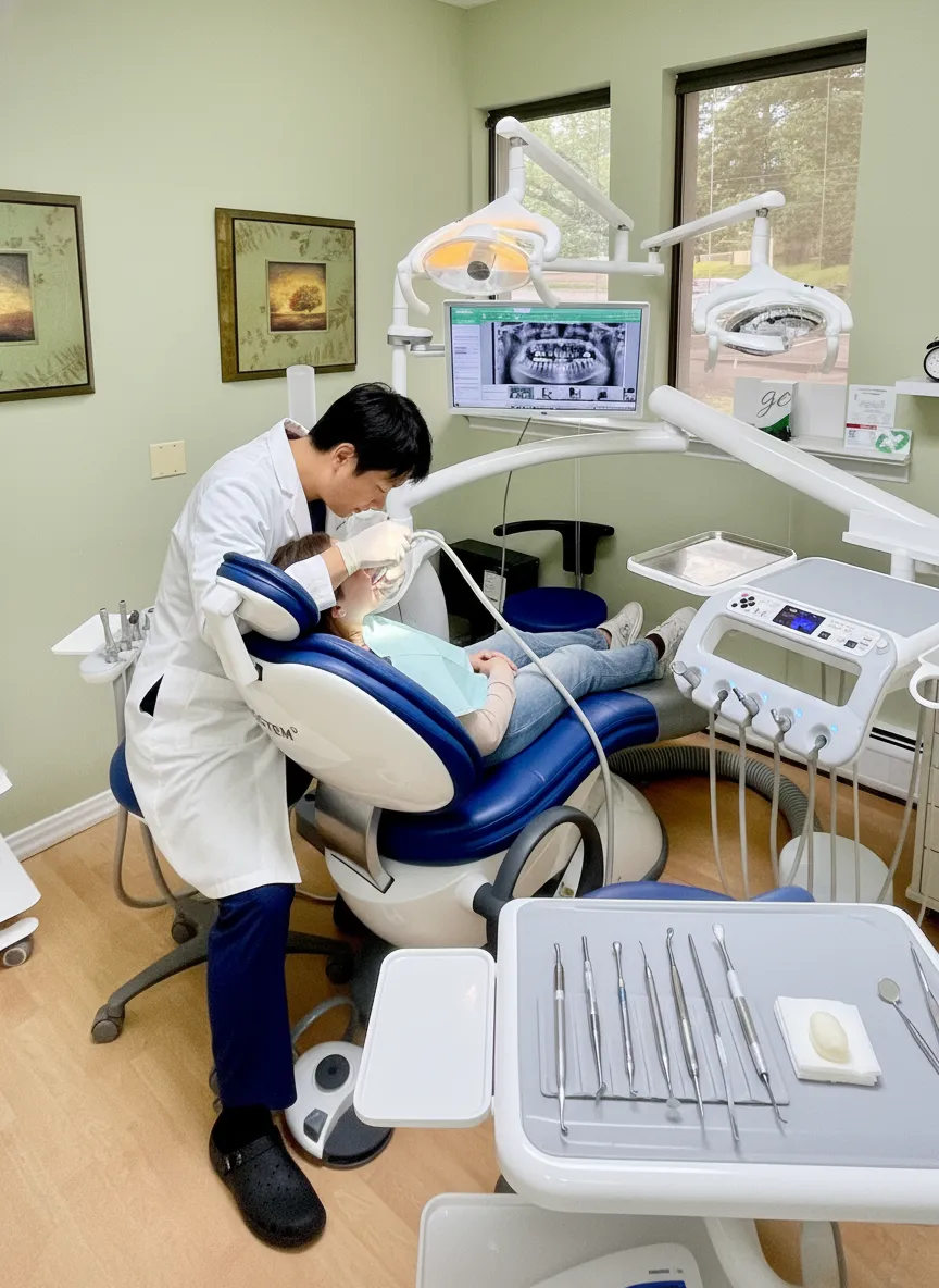 AI generated image of dentist cleaning patient's teeth